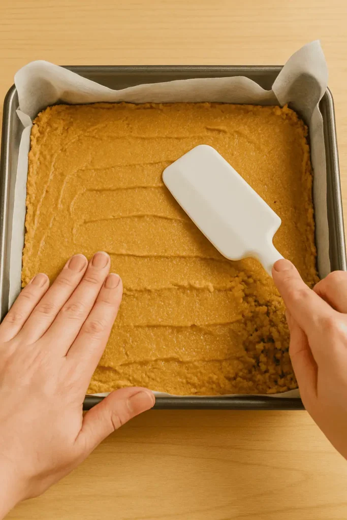 Press Into Pan: Press the mixture evenly into the prepared pan, smoothing the top with a spatula.