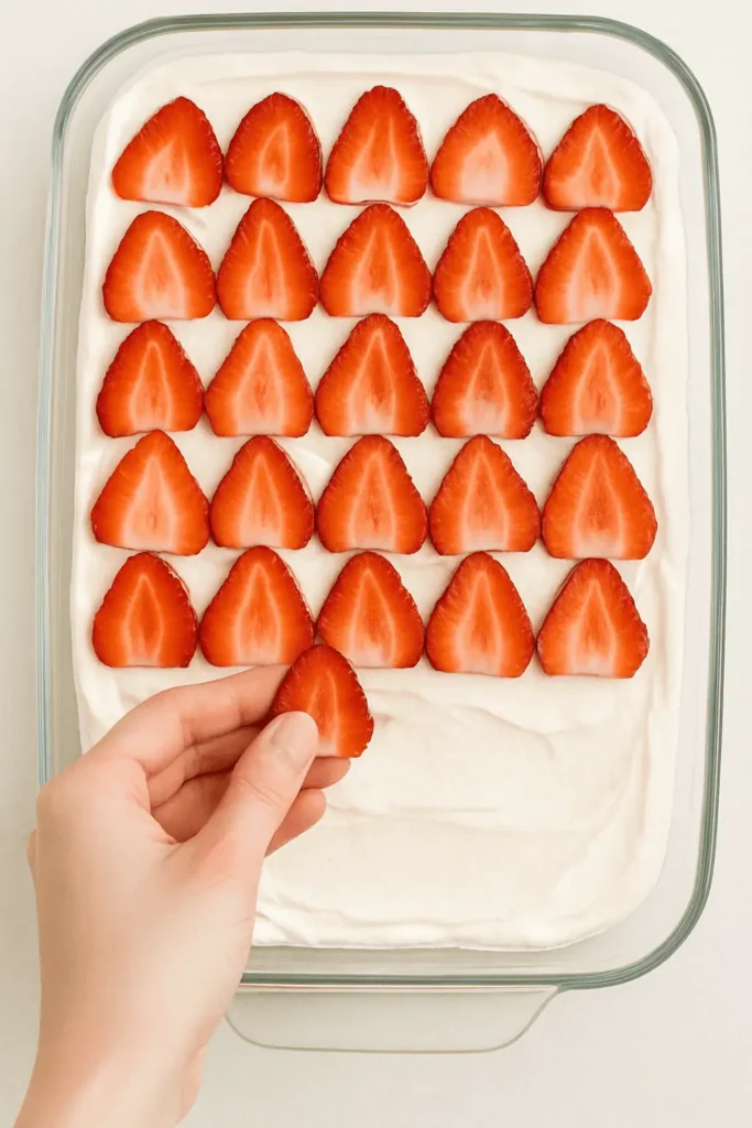 Sliced-strawberries-being-arranged-neatly-on-top-of-the-whipped-cream-layer-showing-vibrant-red-color-and-juicy-detail.