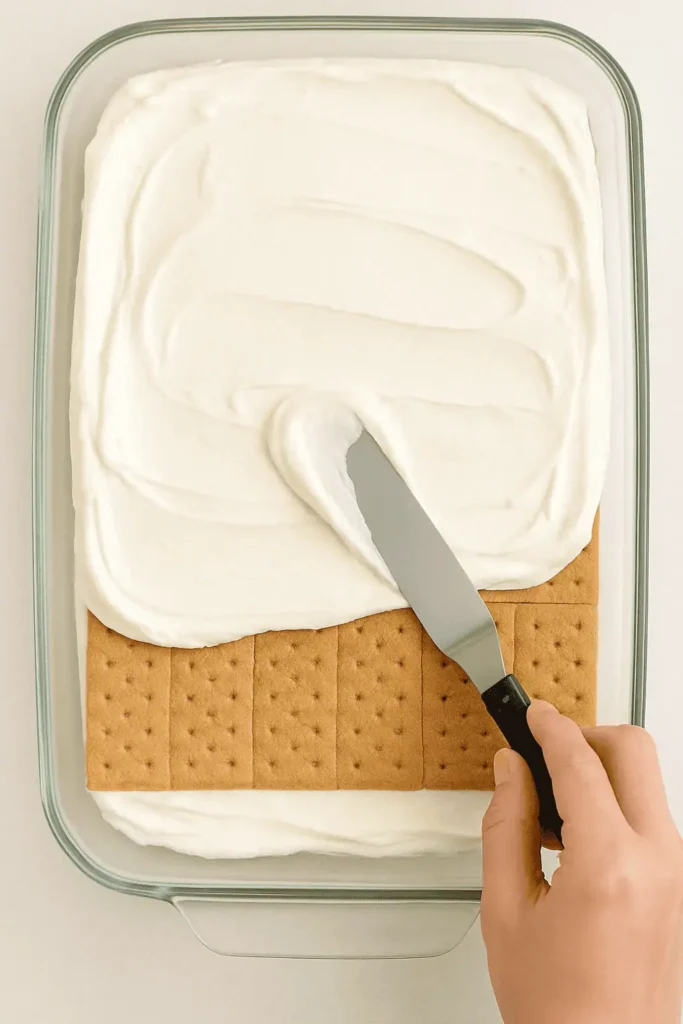 Spreading-the-whipped-cream-smoothly-over-the-graham-crackers-with-an-offset-spatula.-Close-up-shot-with-focus-on-texture-and-even-layering