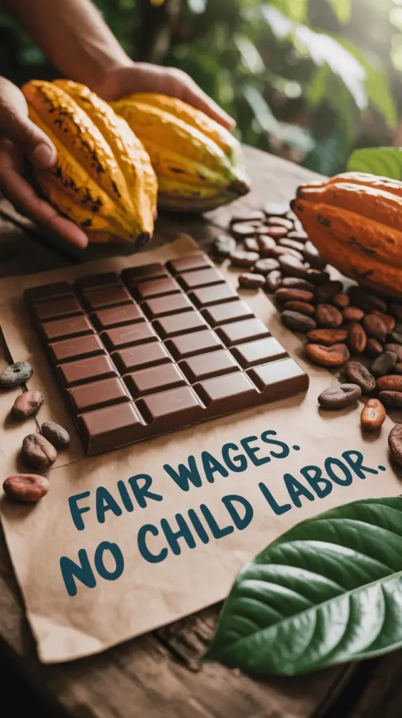 Fair trade chocolate bars on kraft paper with eco labels, cocoa beans, and a sign that says βFair Wages. No Child Labor.β Include rainforest leaves, hands of a farmer holding cacao pods. Earthy tones and hopeful vibe. --v 5 --ar 4:5 --style 4k