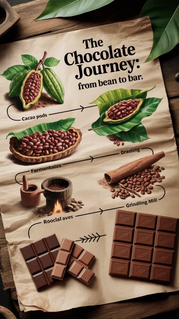 Timeline-style image showing cacao pods, fermentation in banana leaves, drying, roasting, grinding, and finished chocolate bars. Wooden textures, natural colors, minimal labels. Educational and earthy. Text overlay: βThe Chocolate Journey: From Bean to Bar.β --v 5 --ar 4:5 --style 4k
