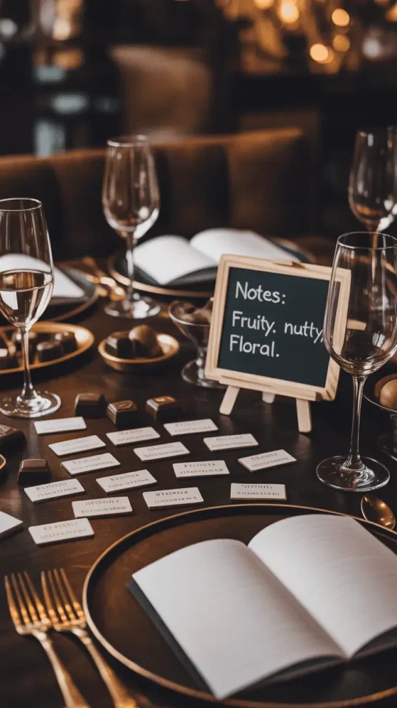 Elegant table setup with fine chocolate pieces on tasting cards, wine glasses, and notepads. Moody lighting, rich brown and gold tones. Add a small chalkboard that says βNotes: Fruity, Nutty, Floral.β Cozy and sophisticated. --v 5 --ar 4:5 --style 4k