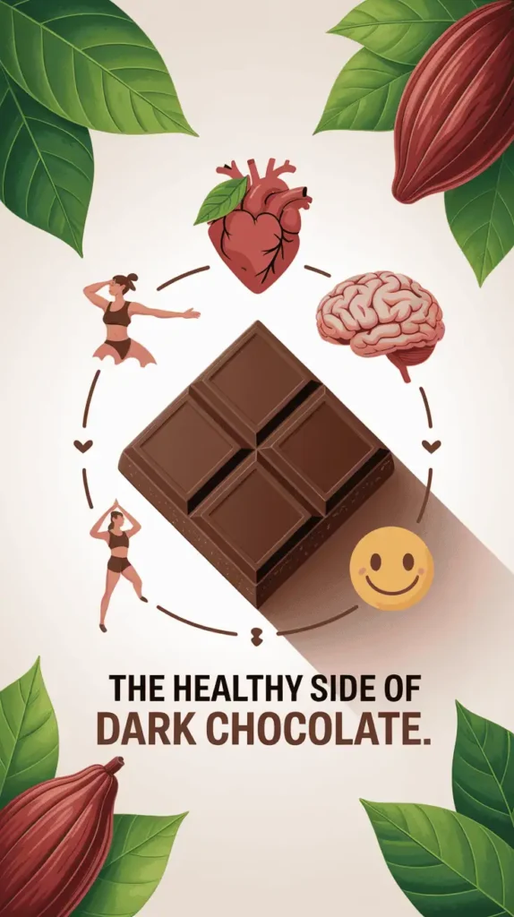 Infographic-style layout with icons for heart, brain, and mood. Each icon connected to a chunk of dark chocolate. Fresh elements like green leaves, cacao pods, and fitness illustrations. Clean, modern design with clear labels. Text overlay: βThe Healthy Side of Dark Chocolate.β --v 5 --ar 4:5 --style 4k