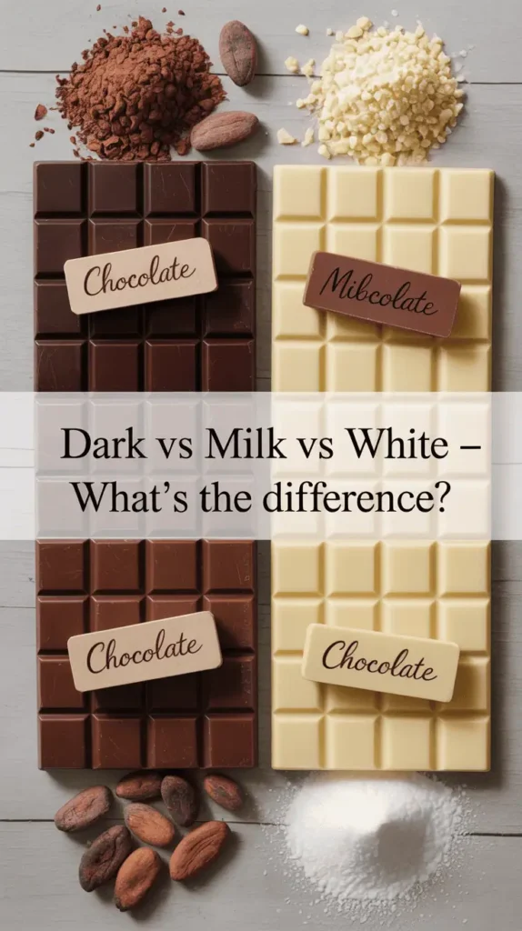 Flat lay with three labeled sections: dark chocolate (deep brown, high cacao), milk chocolate (creamy brown), and white chocolate (pale ivory). Surrounded by ingredients like cocoa beans, milk, and sugar. Minimalist design, educational tone. Text overlay: βDark vs Milk vs White β Whatβs the Difference?β --v 5 --ar 4:5 --style 4k