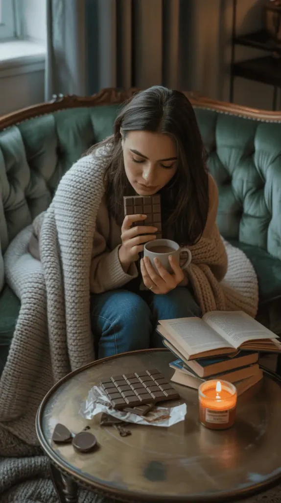 A cozy lifestyle scene with a person curled up on a couch with a blanket, holding a bar of chocolate and a warm drink. Dim ambient lighting, moody tones, emotional and comforting vibe. On the coffee table: chocolate wrappers, books, and a candle. Caption idea: βChocolate = comfort, science explains why.β --v 5 --ar 4:5 --style 4k