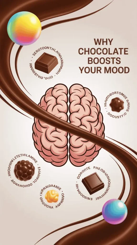 Split-style illustration of a human brain with chocolate compounds like serotonin, phenylethylamine, anandamide, theobromine, and dopamine floating around it. Modern infographic design with soft pastel highlights. Text overlay: βWhy Chocolate Boosts Your Mood.β --v 5 --ar 4:5 --style 4k