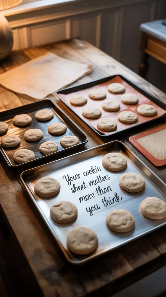 Three baking sheets on a wooden table: dark nonstick, insulated, and light-colored aluminum. Each has a few cookies with different spread results (flat on dark, pale on insulated, perfect on aluminum). Include parchment and silicone mat. Soft shadows, homey lighting.