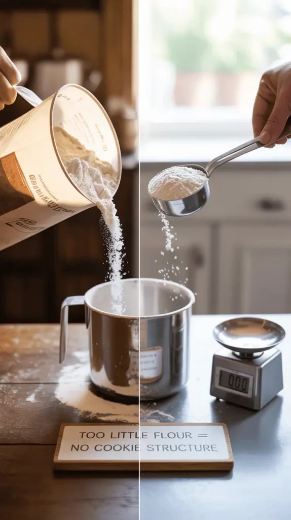 Measuring cup being used incorrectly (scooping flour straight from bag) versus spooning and leveling flour into a cup. One side messy and overflowing, one clean and precise. Optional: small digital kitchen scale nearby. Rustic kitchen background with flour dust.