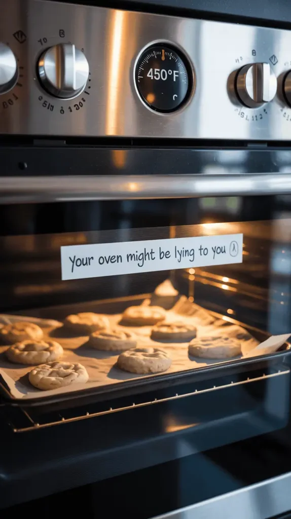 An oven thermometer showing inaccurate temp (e.g., 410°F when the dial says 350°F). Show cookies baking unevenly inside: some puffed, some flat. Add baking tray and parchment paper. Background includes oven knobs, light reflections from oven door.