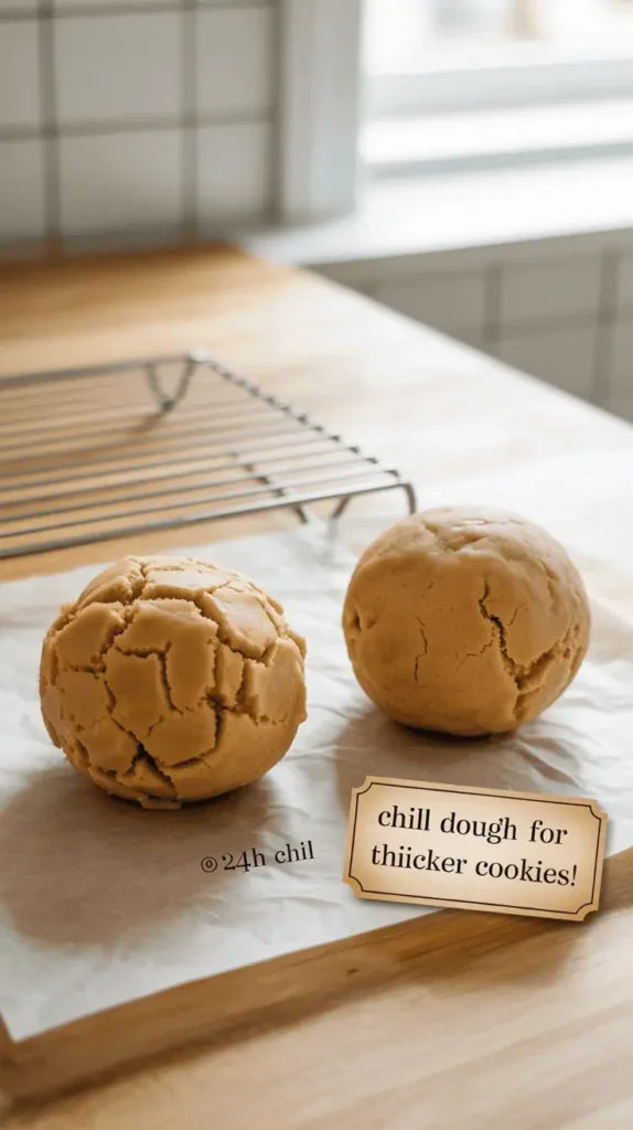 Two cookie dough balls side by side: one soft and glossy (freshly mixed), the other firm and matte (after chilling). Place both on parchment paper. Include a small clock or label showing "0 min chill" and "24h chill". Angle: overhead or 45°, kitchen counter with cooling rack.