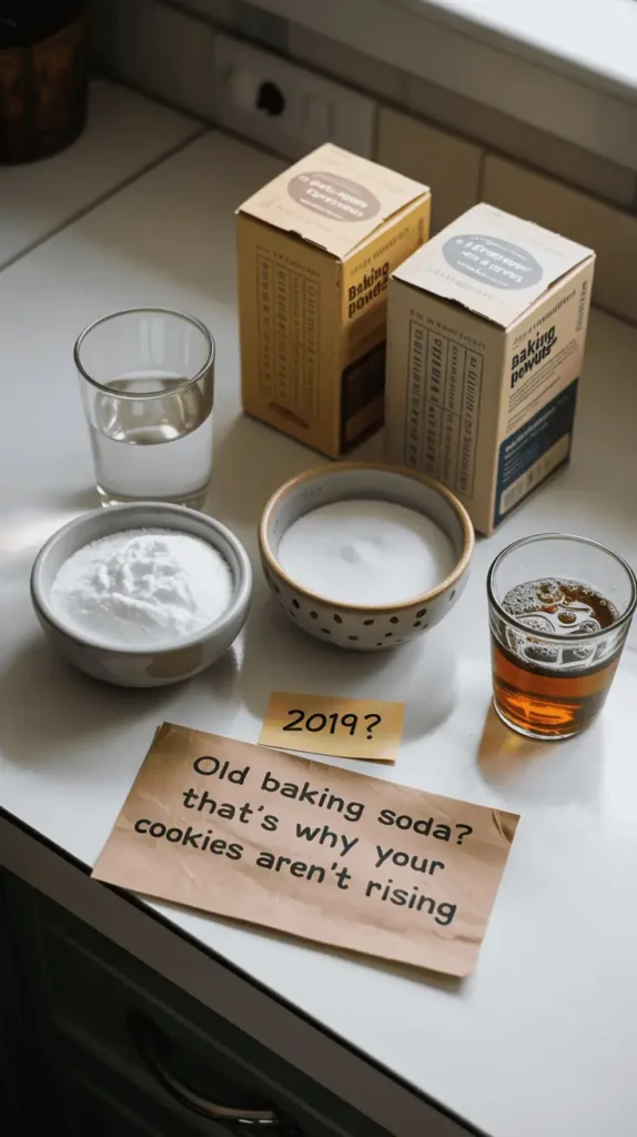 Two small bowls: one with baking soda, one with baking powder, placed next to expired boxes with faded labels. A vinegar glass and a fizzing bowl to indicate the "test" method.
