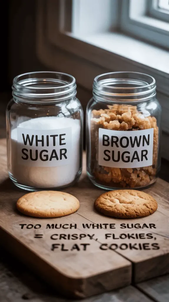 Side-by-side jars labeled "White Sugar" and "Brown Sugar" on a wooden surface, with a clear measuring cup showing each one. Highlight texture difference (white sugar smooth, brown sugar clumpy). Optional: Two small cookies beside each showing visual texture difference. Soft light, food-photography style.