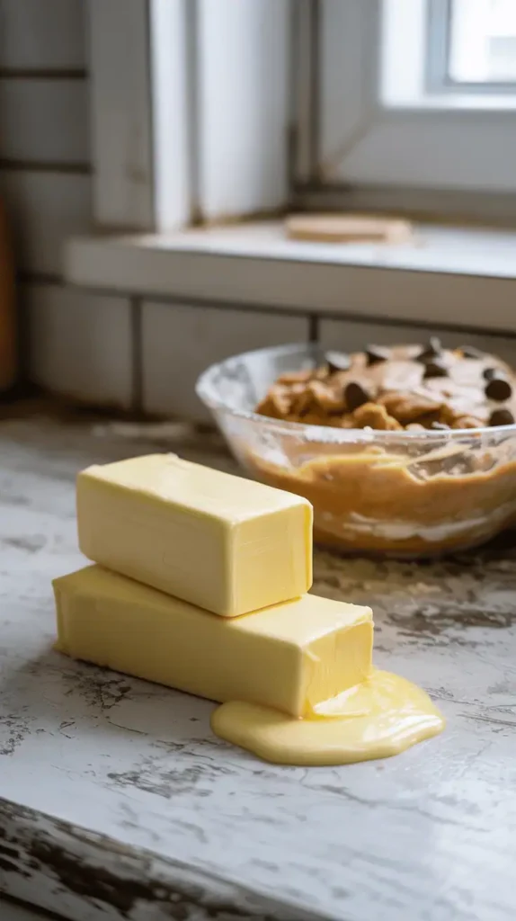 A stick of butter melted too much on a small white plate next to a room-temperature stick. Show one butter stick soft and shiny (almost melted), and the other firm with clean edges. Place both on a kitchen countertop with chocolate chip cookie dough in the background. Natural morning kitchen light, rustic setting, overhead angle.