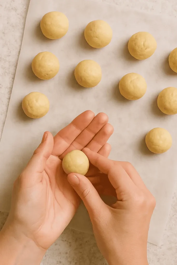 Form dough balls: Lightly grease your hands and roll tablespoon-sized portions into balls.