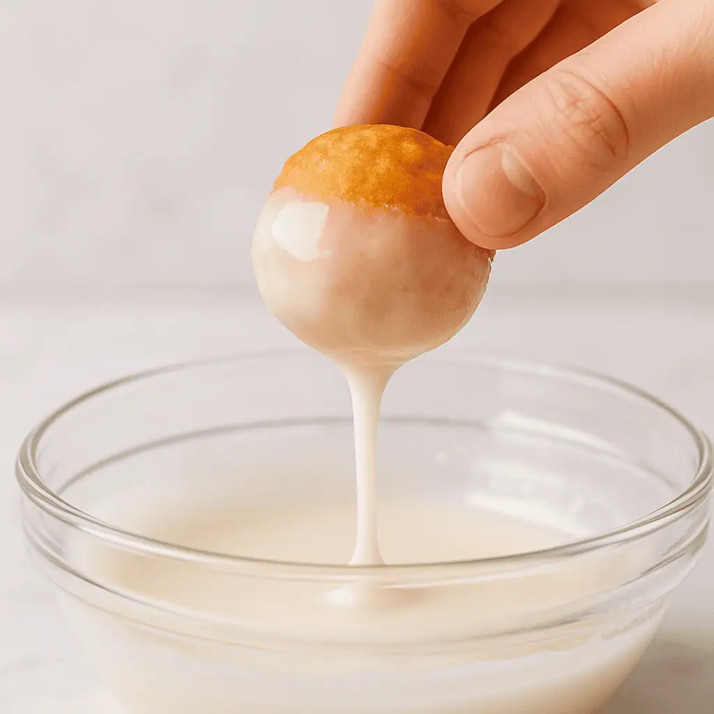 Dip and dry: While warm, dip each donut hole into the glaze and let set on a wire rack.
