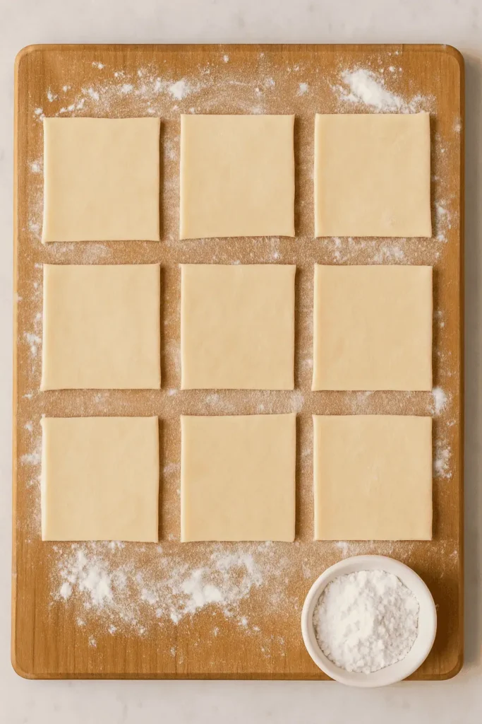 Prep pastry: Roll out puff pastry on a floured surface. Cut into 9 squares.