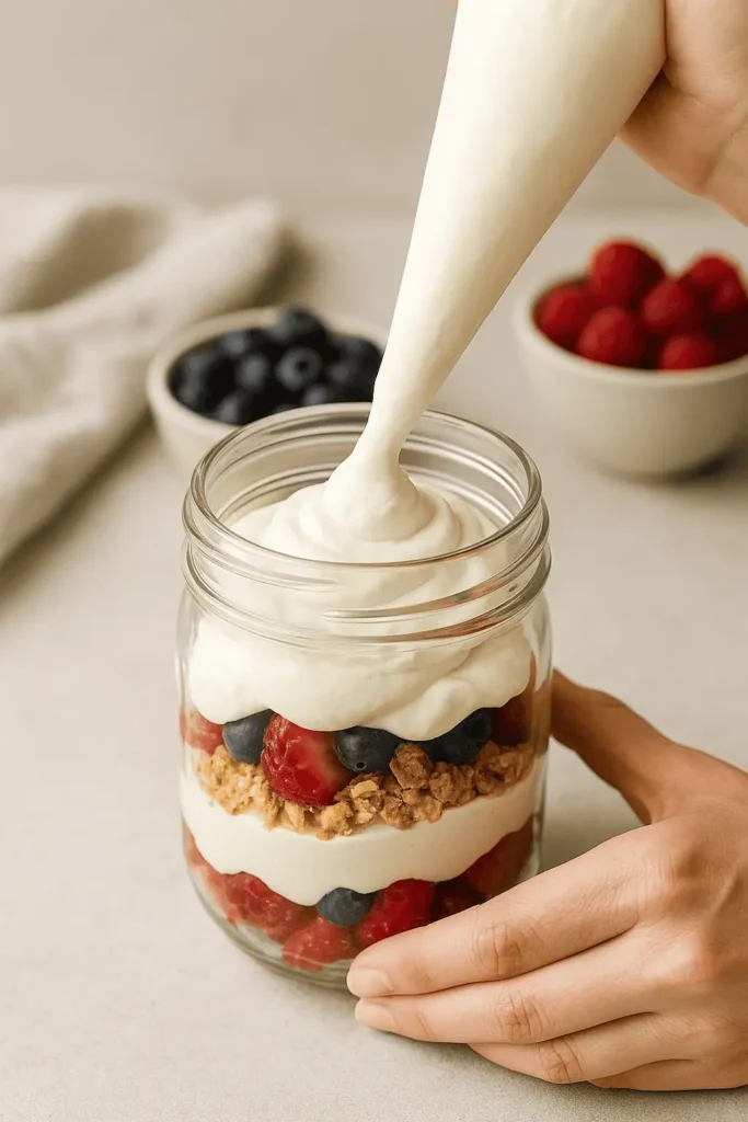 In clear cups or jars, layer cream mixture, berries, and granola
