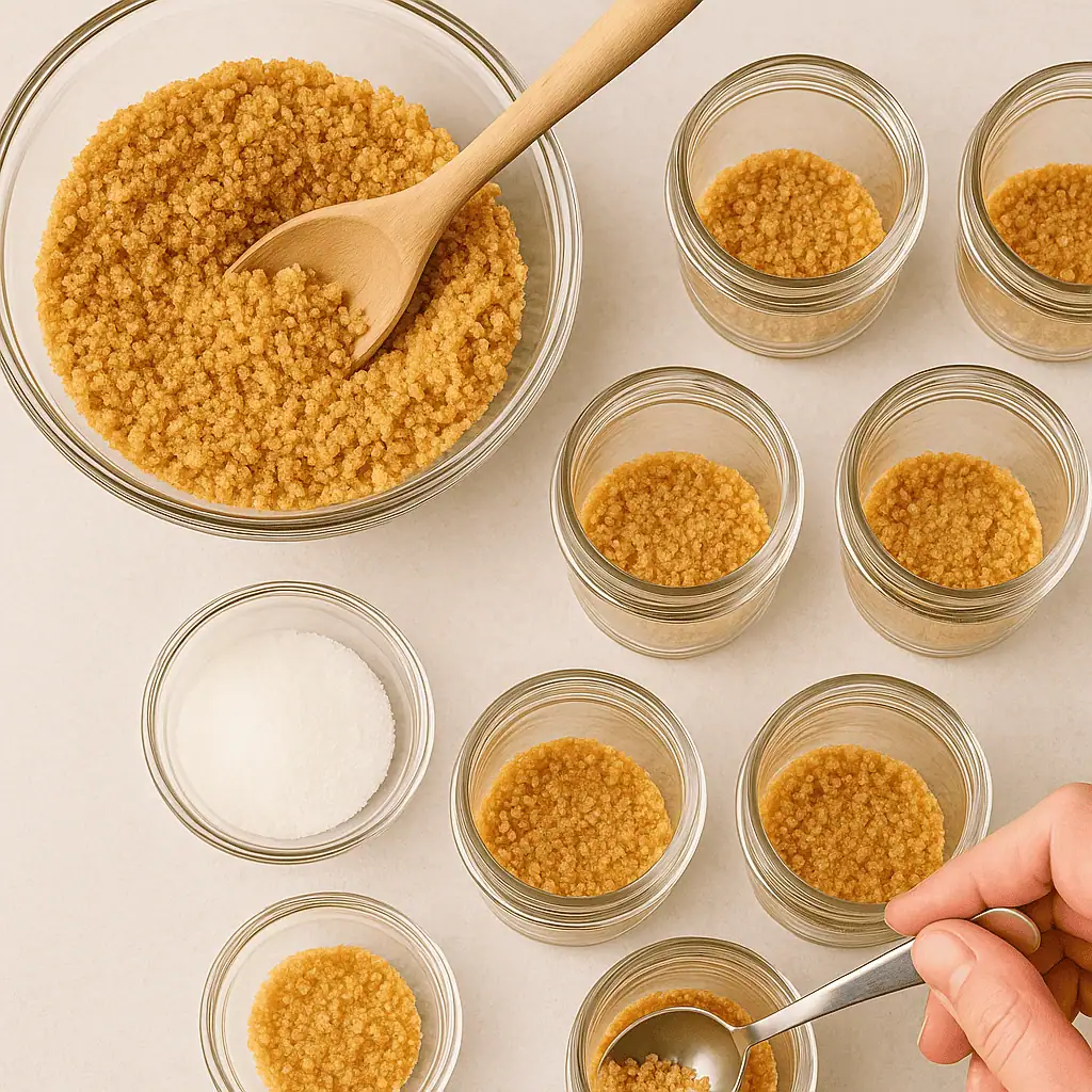 Make the crust: In a small bowl, mix graham crumbs, sugar, and melted butter. Spoon 1-2 tablespoons into each cup or jar and gently press down.