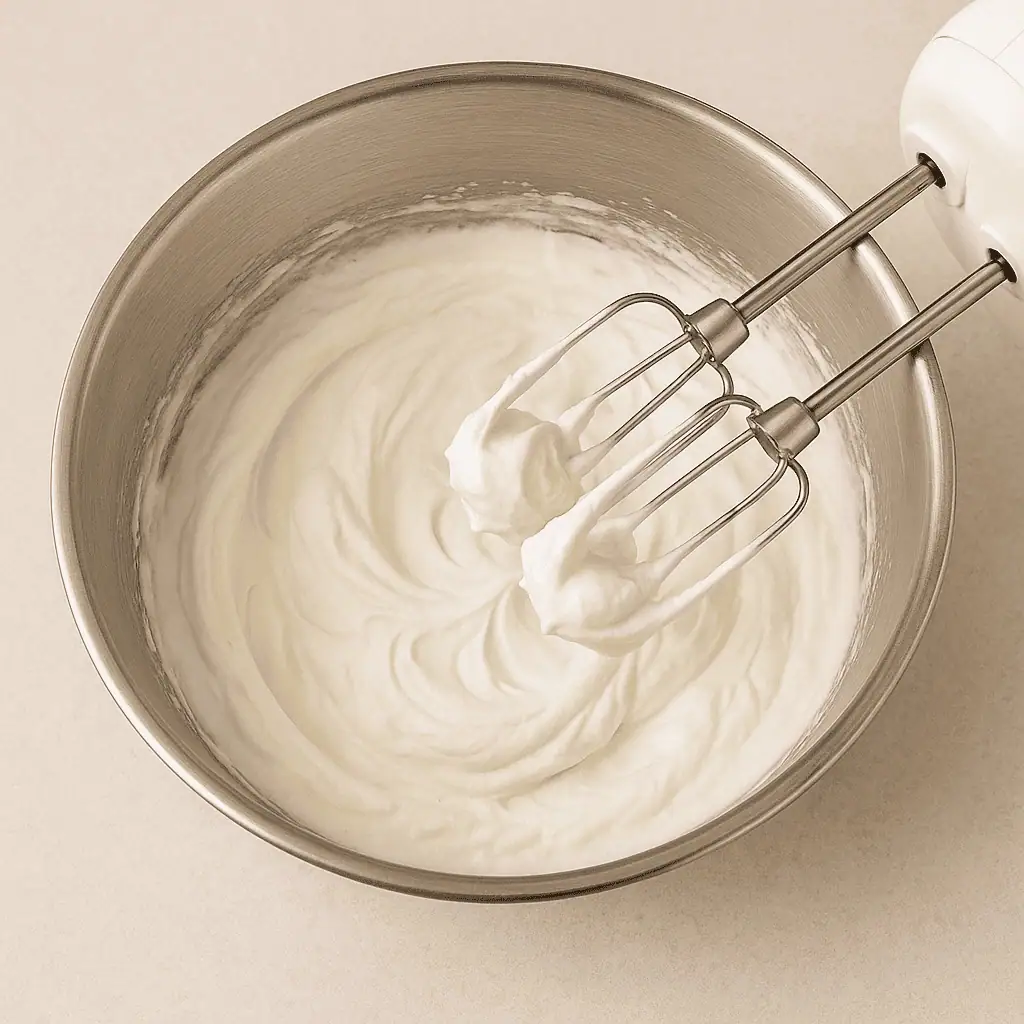 Whip the cream: In a chilled bowl, beat heavy cream until stiff peaks form. Set aside.