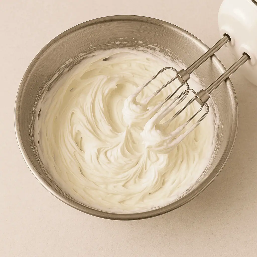 Make the cheesecake base: Beat softened cream cheese, powdered sugar, and vanilla until smooth and fluffy.
