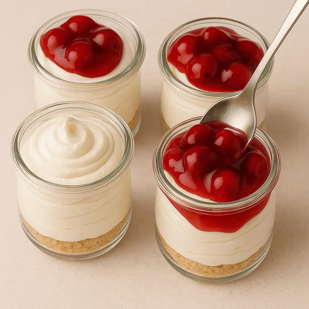 Assemble: Pipe or spoon cheesecake filling over the crust. Top each with a generous spoonful of cherry pie filling.