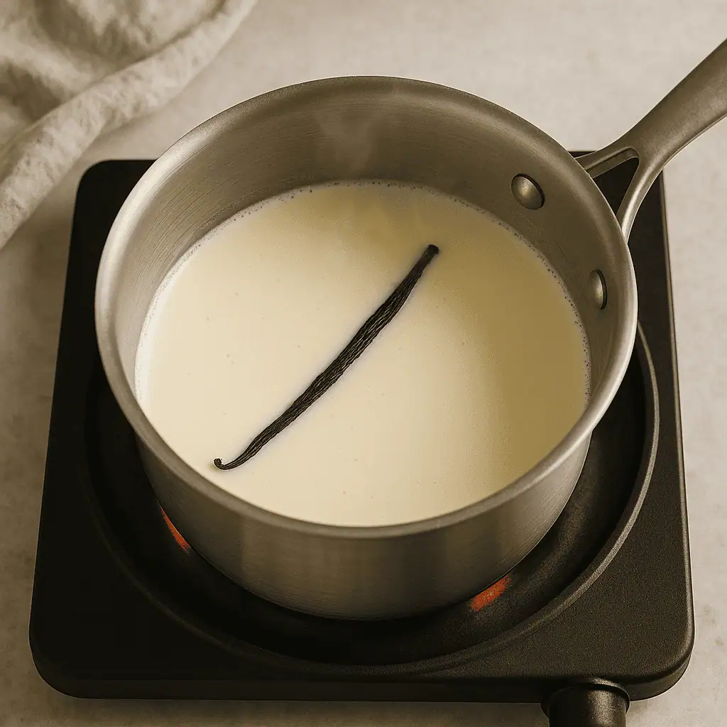 Heat the cream: In a saucepan, heat heavy cream and split vanilla bean (or extract) over medium heat until hot but not boiling. Remove from heat.