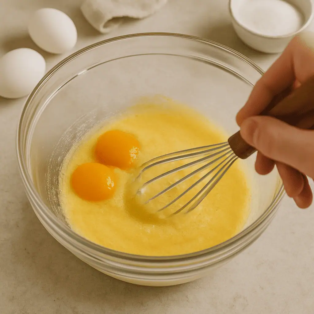 Whisk egg yolks with sugar and a pinch of salt in a mixing bowl until pale and creamy.