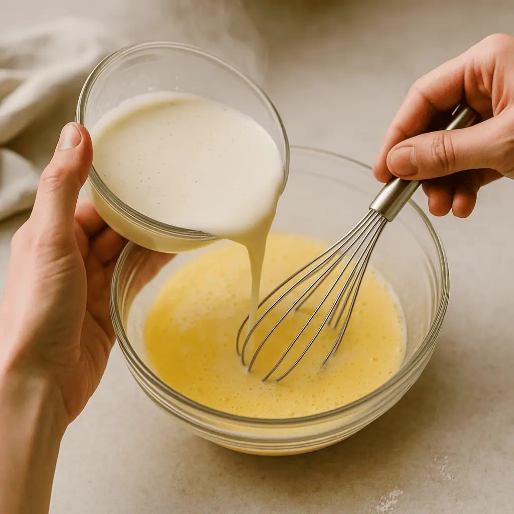 Temper the eggs: Slowly whisk hot cream into yolk mixture, stirring constantly to avoid scrambling