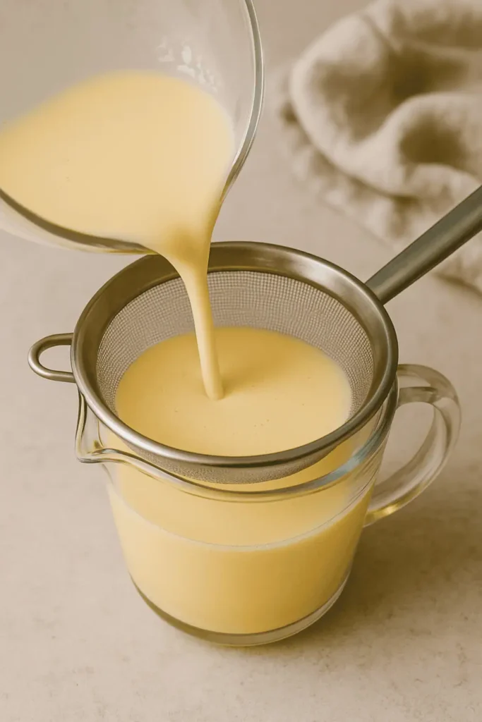 Strain mixture into a large measuring cup or bowl with a spout.