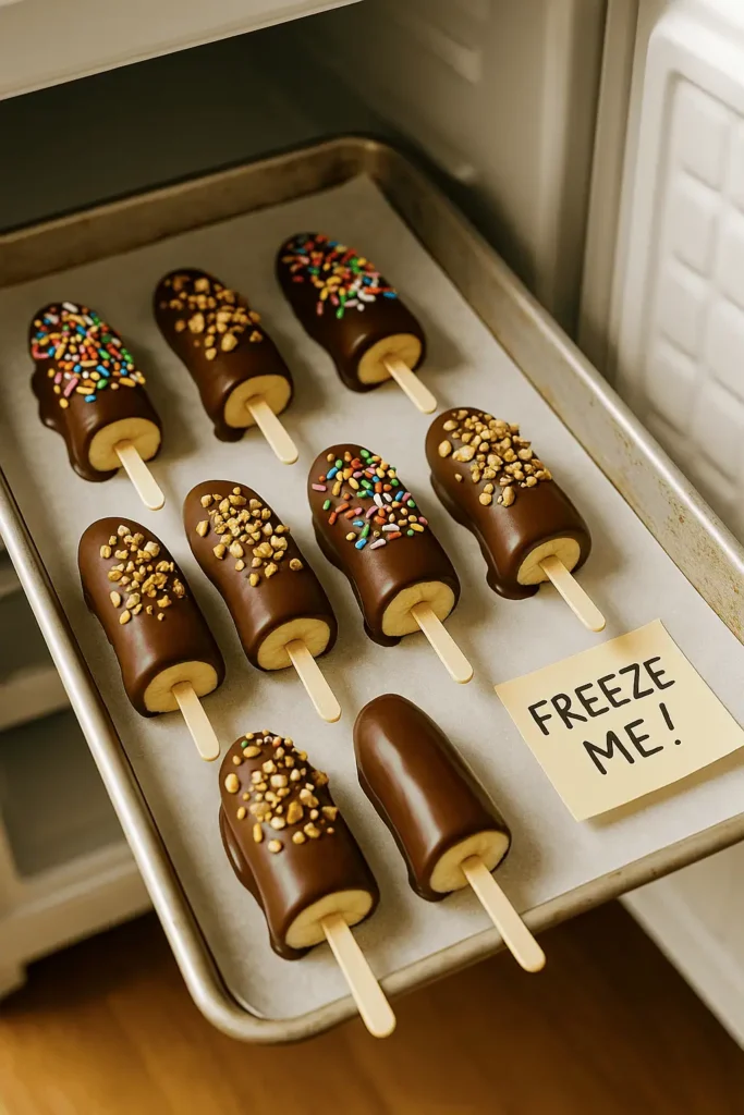 Set and serve: Return to the baking sheet and freeze for another 30 minutes or until chocolate is firm. Serve frozen!