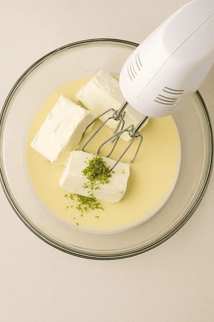 Make the filling: Beat cream cheese until smooth. Add sweetened condensed milk, key lime juice, and zest. Mix until silky and fully combined. Gently fold in the whipped topping.