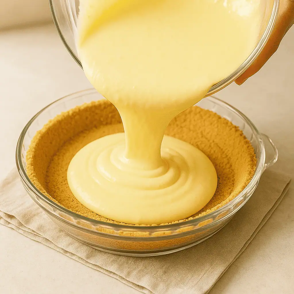 Assemble: Pour the filling into the chilled crust and smooth the top with a spatula.