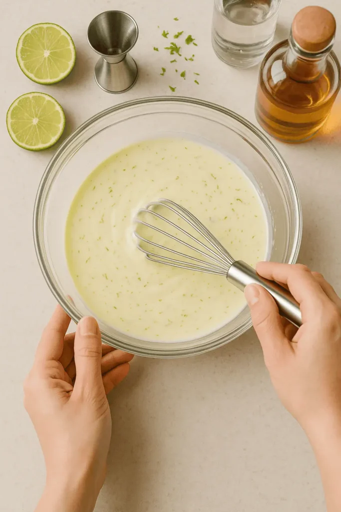 Mix the filling: In a large bowl, whisk together condensed milk, lime juice, zest, tequila, and orange liqueur.