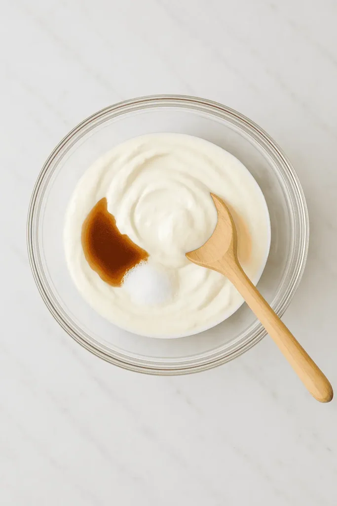 In a bowl, mix yogurt, sweetener, and vanilla if using.