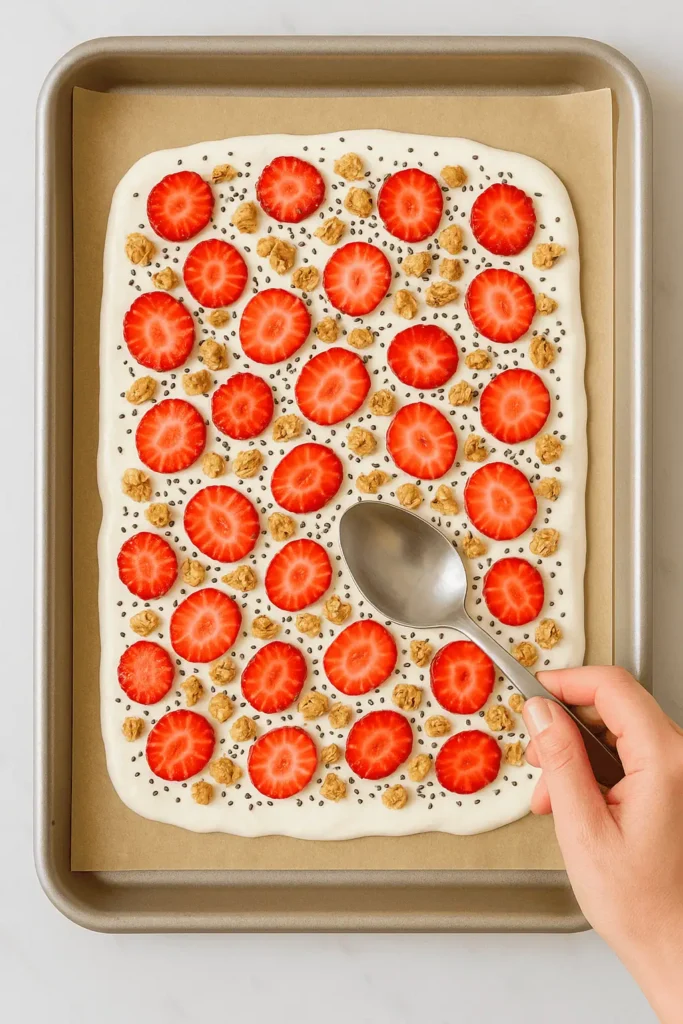 Scatter the fruit, granola, and chia seeds on top. Gently press down with a spoon.