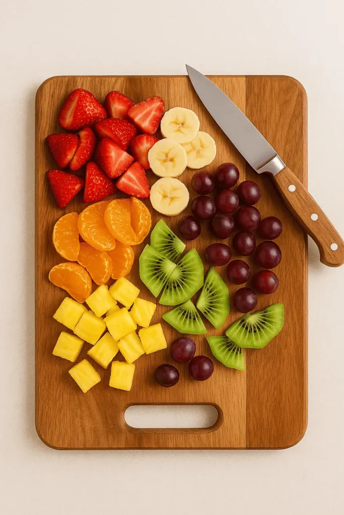 Prep the fruit: Wash, peel, and chop all your fruit into bite-sized pieces. Place them in a large serving bowl.