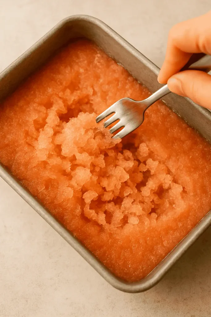 Scrape: Every 30–45 minutes, use a fork to scrape and fluff the mixture into icy crystals. Repeat 3–4 times until fully frozen and fluffy.