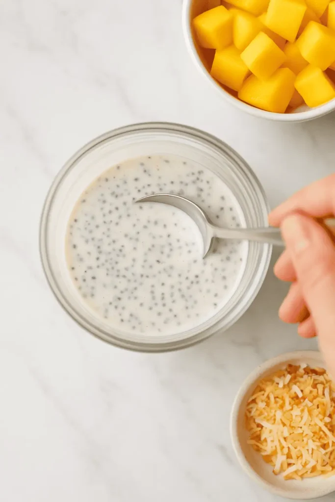 In a bowl or jar, mix coconut milk, maple syrup, vanilla, and salt. Stir in chia seeds.