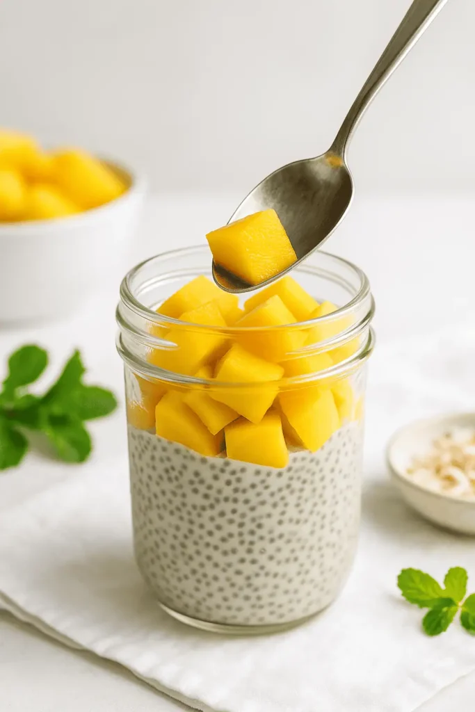 When ready to serve, layer chia pudding and diced mango into glasses or jars.