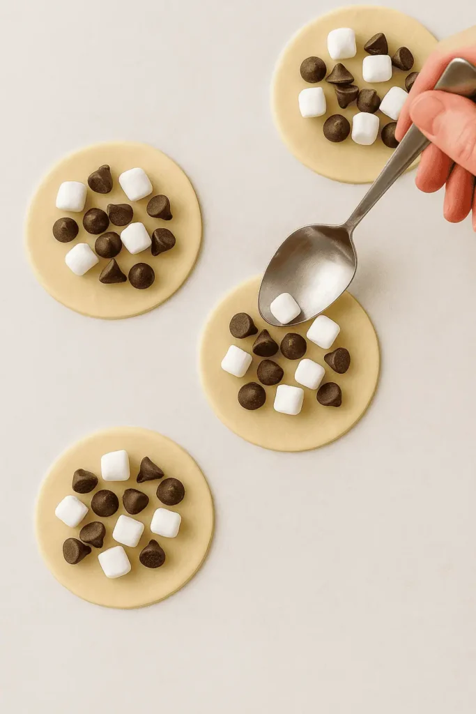 3. On 6 of the circles, place a small spoonful of chocolate, a few mini marshmallows, and a sprinkle of graham cracker crumbs.