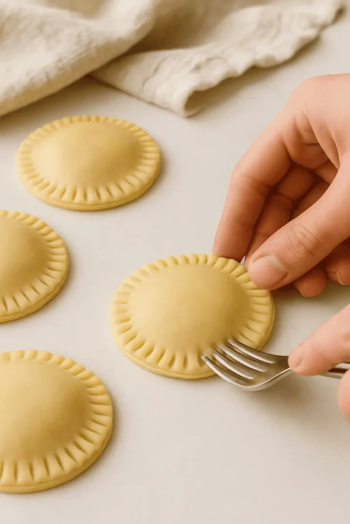 Top each with a second crust circle and gently press edges to seal. Use a fork to crimp the edges.