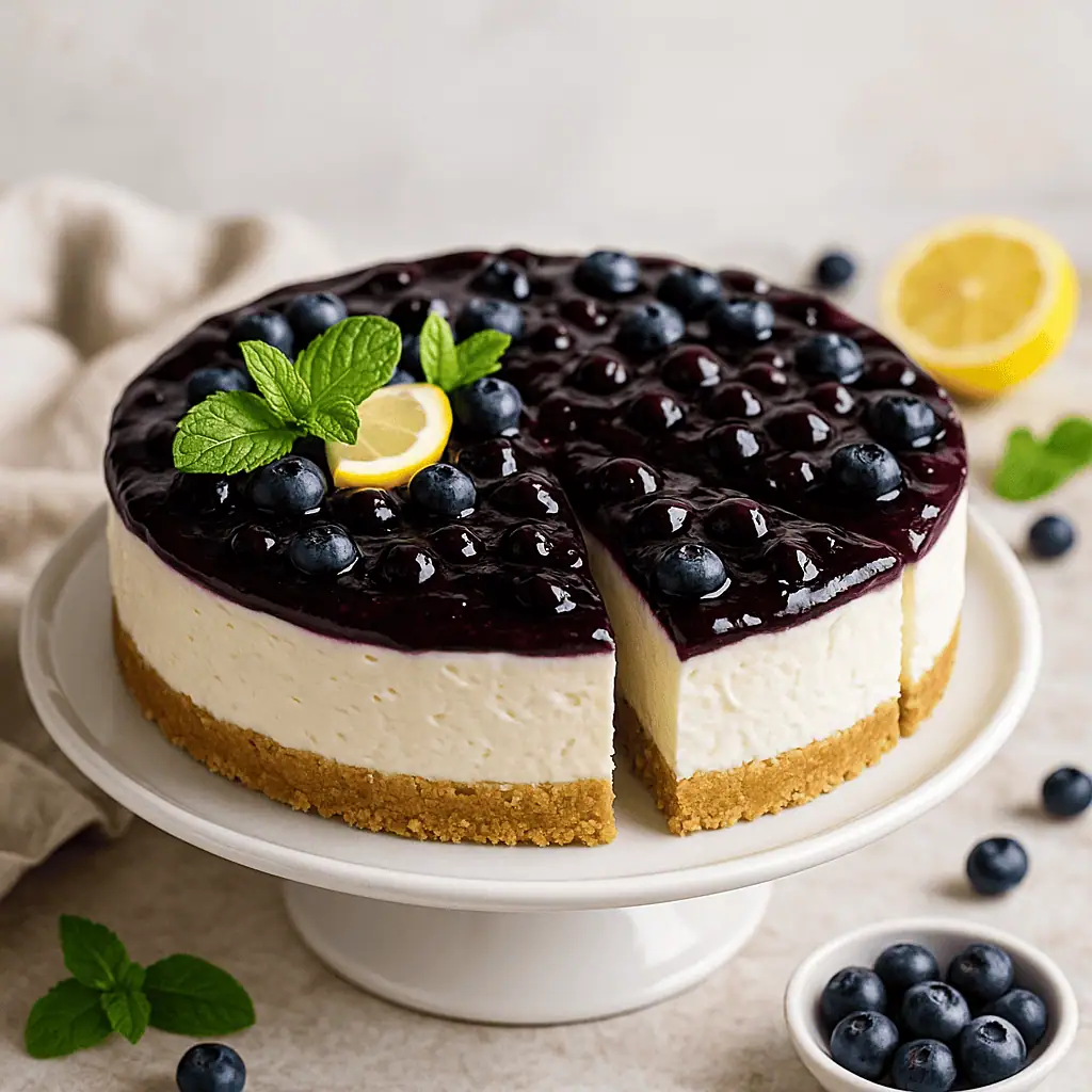 Serve: Carefully remove cheesecake from pan, top with cooled blueberry topping, slice, and serve chilled.