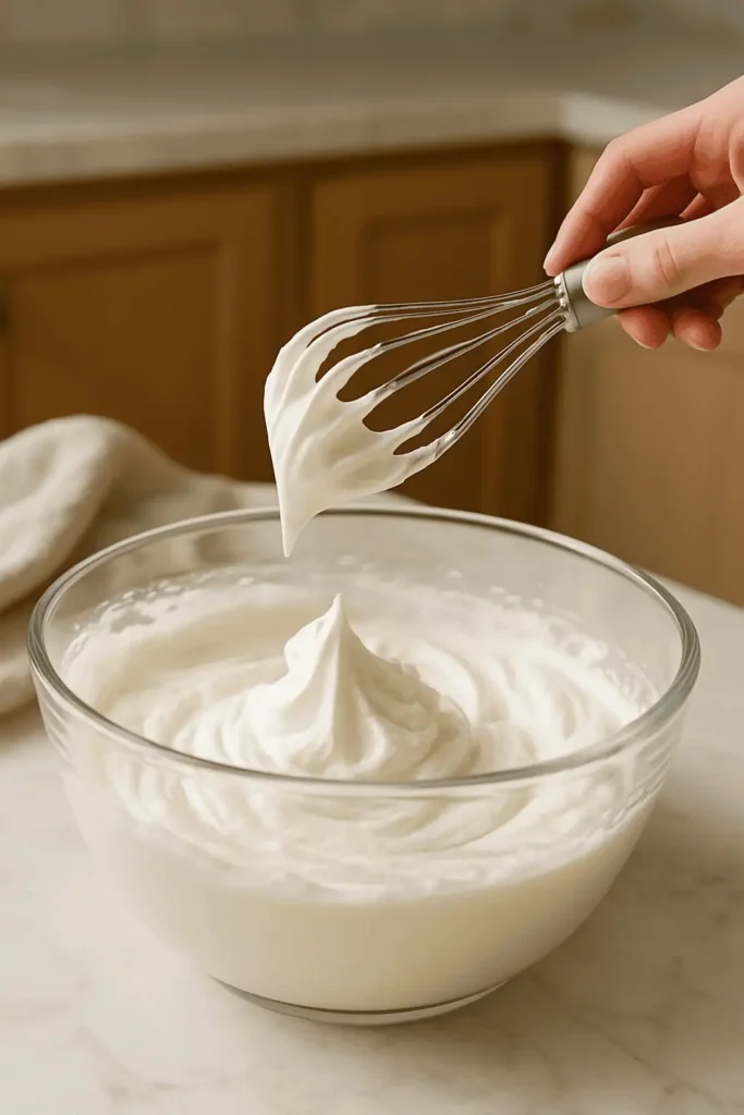 In a large mixing bowl, whip the heavy cream until stiff peaks form (think fluffy clouds).