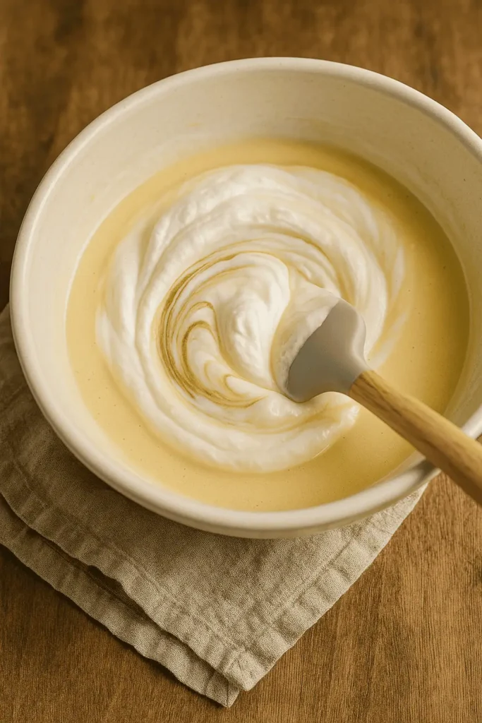 Gently fold the whipped cream into the vanilla mixture using a spatula. Don’t overmix—you want to keep the airiness.