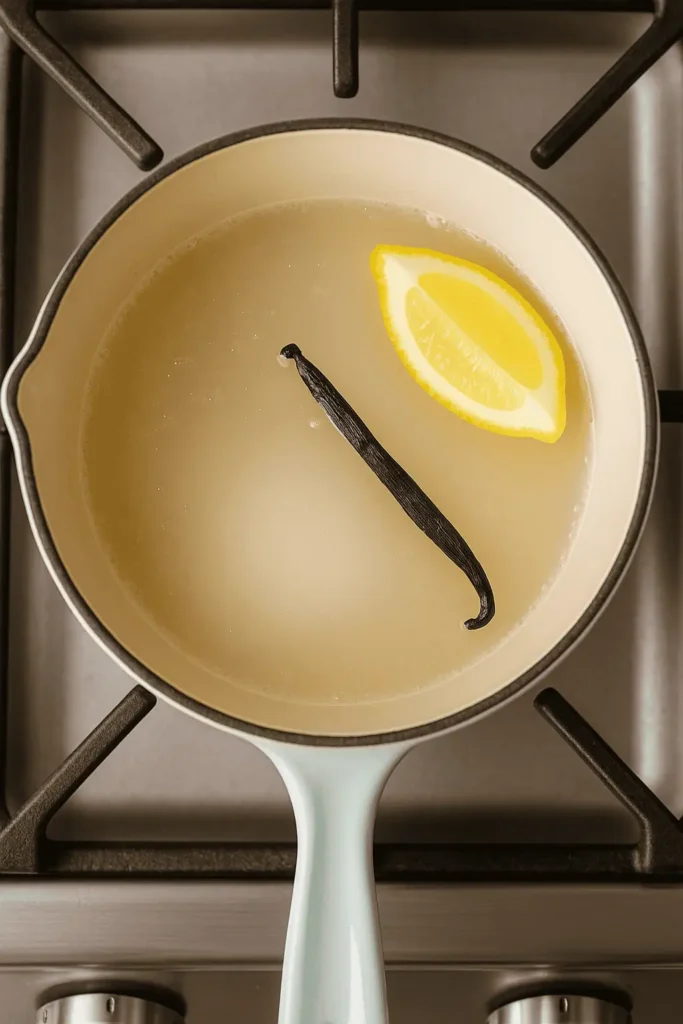 Poach the peaches: In a medium saucepan, combine water, sugar, vanilla, and lemon juice. Bring to a simmer.