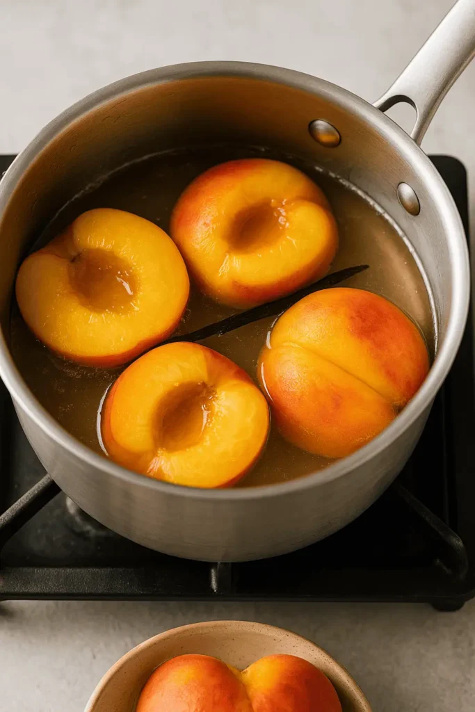 Gently add peach halves and poach for 4–6 minutes, flipping halfway, until just tender.