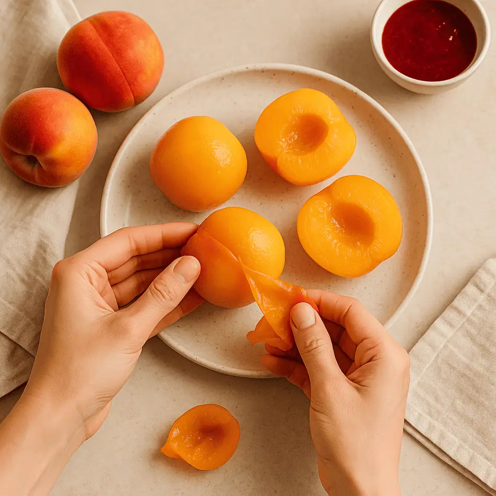 Remove peaches and let cool. Slip off the skins (they should peel easily).