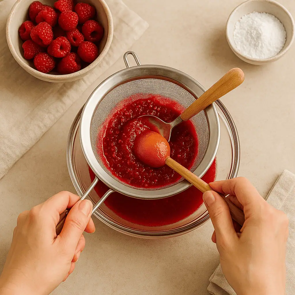 Blend raspberries, powdered sugar, and lemon juice until smooth.