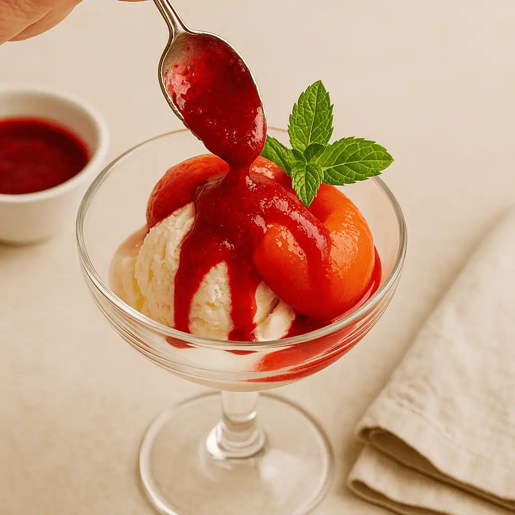 Place a scoop of vanilla ice cream in a dish. Top with peach halves and drizzle with raspberry sauce. Garnish if desired.