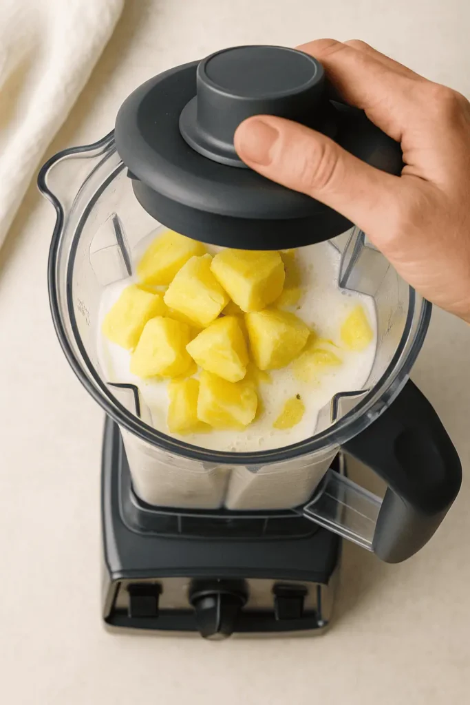 Blend it all: Add frozen pineapple, coconut milk, lime juice, and sweetener (if using) to a high-speed blender or food processor.